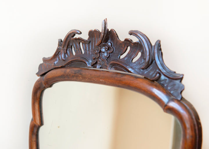 Antique Scalloped Walnut Mirror With Ornament, 18th Century