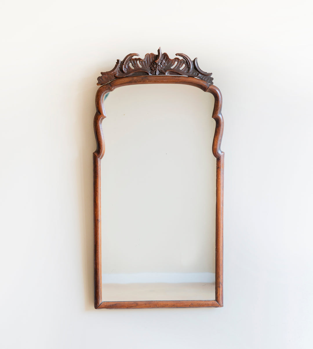 Antique Scalloped Walnut Mirror With Ornament, 18th Century