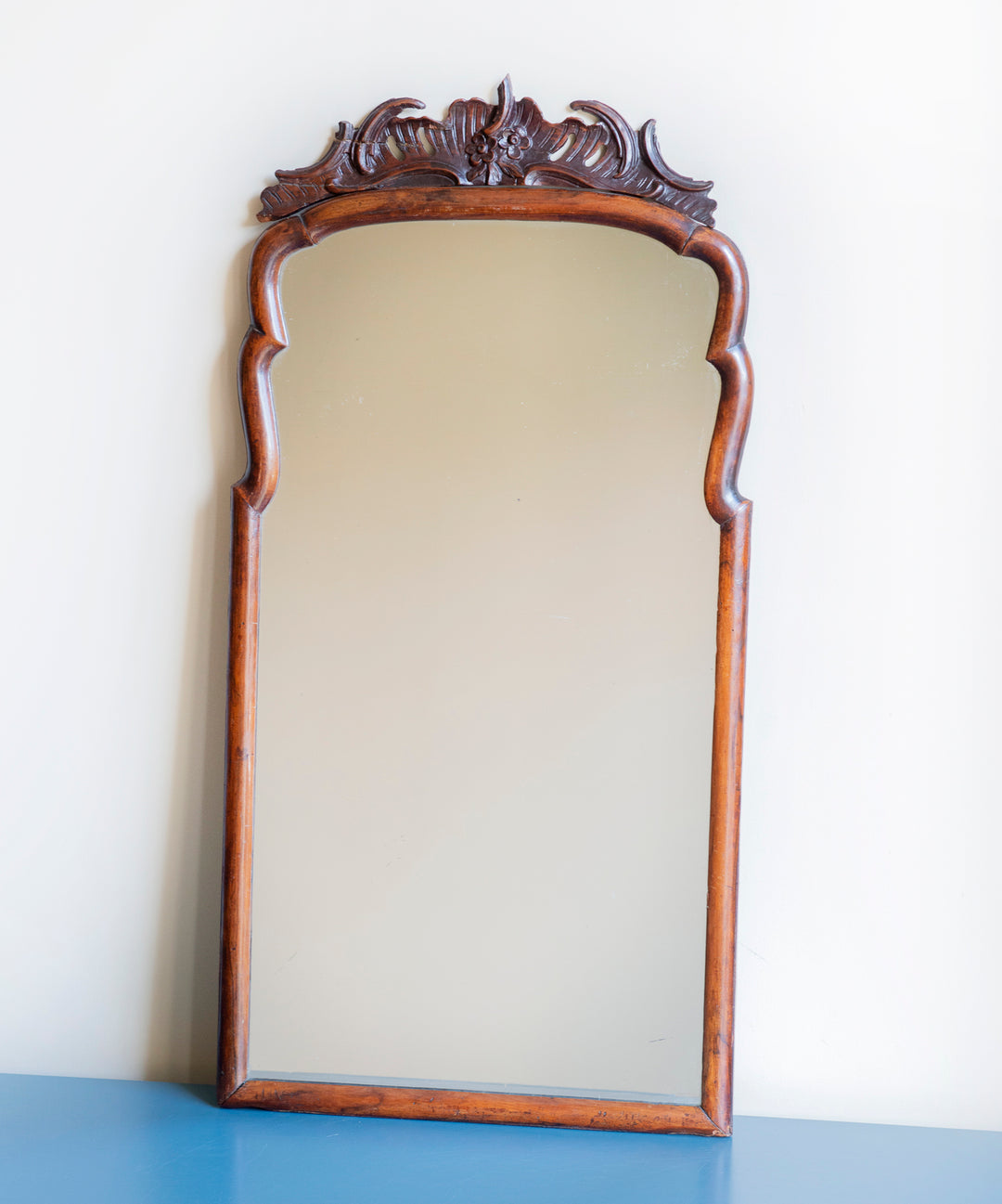 Antique Scalloped Walnut Mirror With Ornament, 18th Century