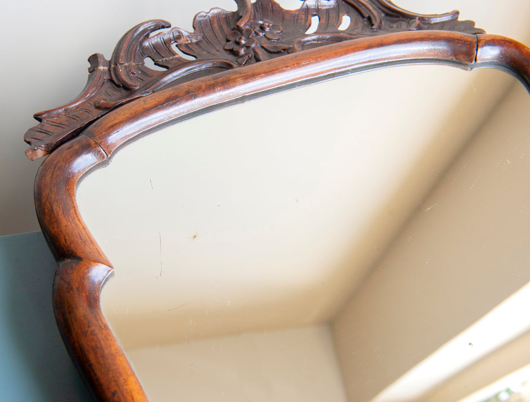 Antique Scalloped Walnut Mirror With Ornament, 18th Century