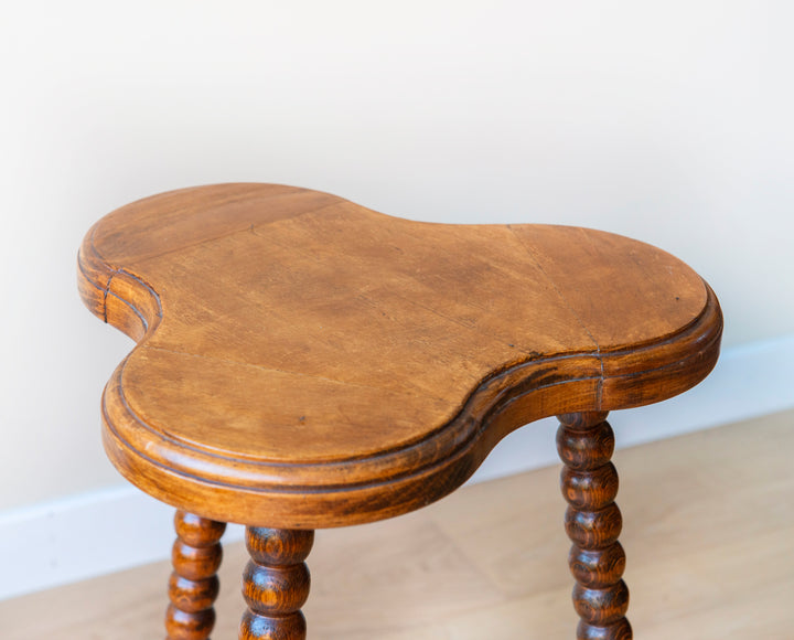 Antique Hand Carved Bobbin Table, Clover Shape Tabletop, 1920s