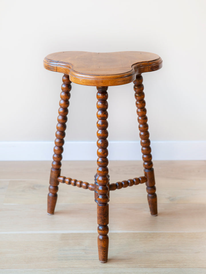 Antique Hand Carved Bobbin Table, Clover Shape Tabletop, 1920s