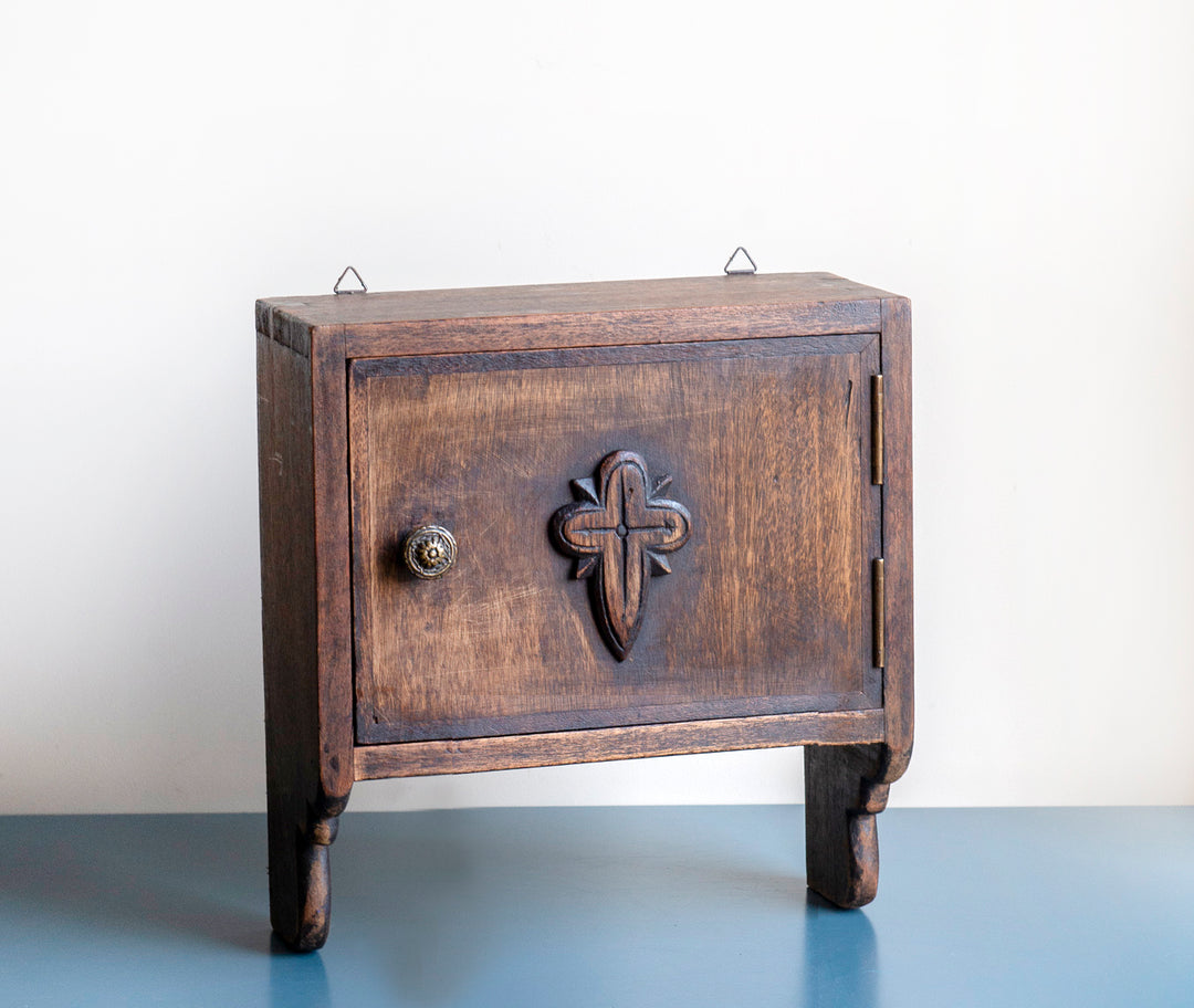 Antique Religious Hanging Cabinet, Hand Carved Wood