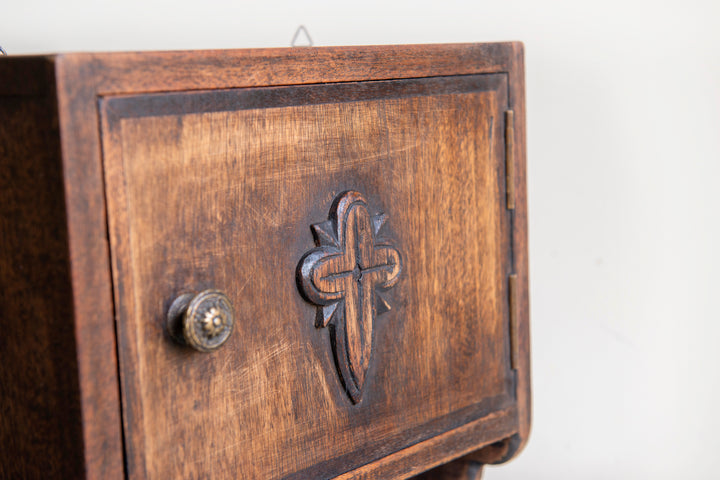 Antique Religious Hanging Cabinet, Hand Carved Wood