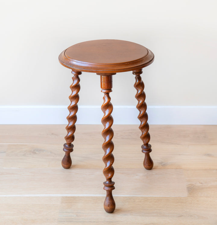 Antique Round Stool With Carved Legs, Barley Twist