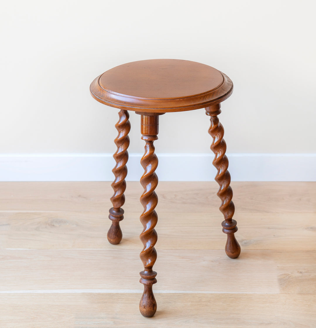 Antique Round Stool With Carved Legs, Barley Twist