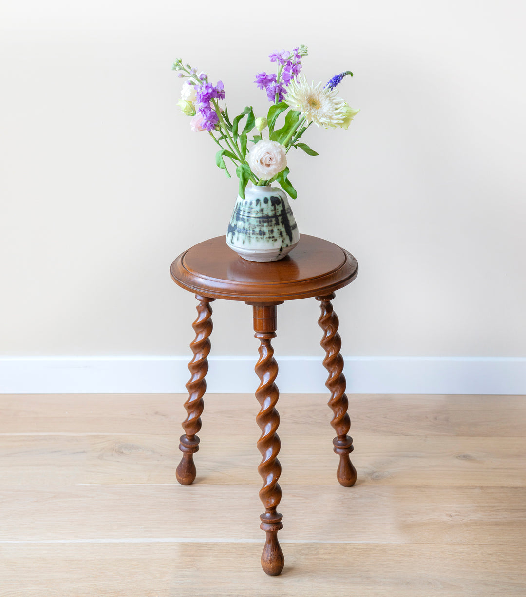 Antique Round Stool With Carved Legs, Barley Twist