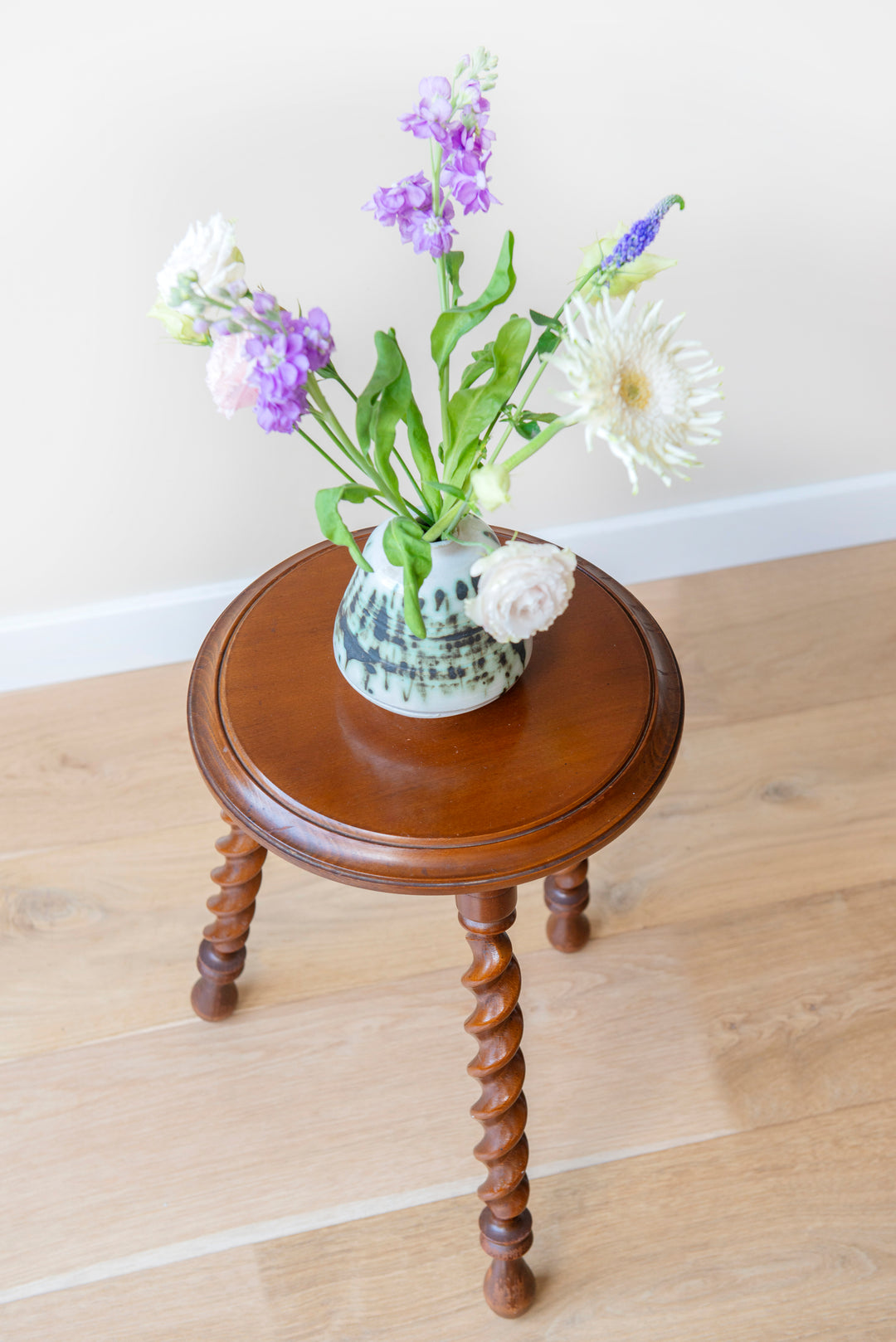 Antique Round Stool With Carved Legs, Barley Twist