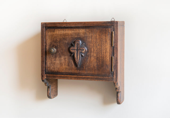 Antique Religious Hanging Cabinet, Hand Carved Wood