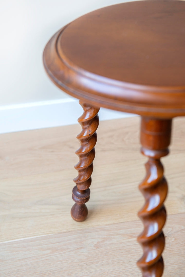 Antique Round Stool With Carved Legs, Barley Twist