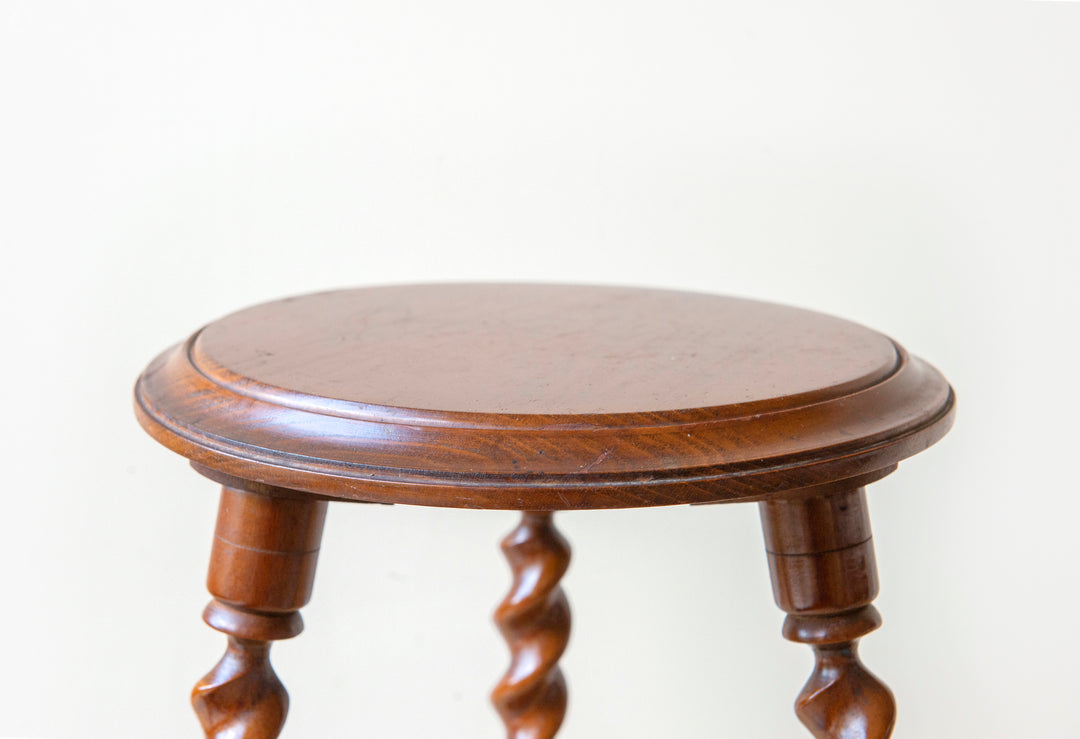 Antique Round Stool With Carved Legs, Barley Twist