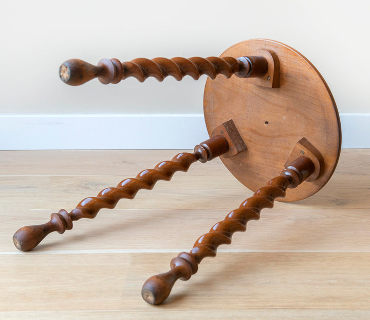 Antique Round Stool With Carved Legs, Barley Twist