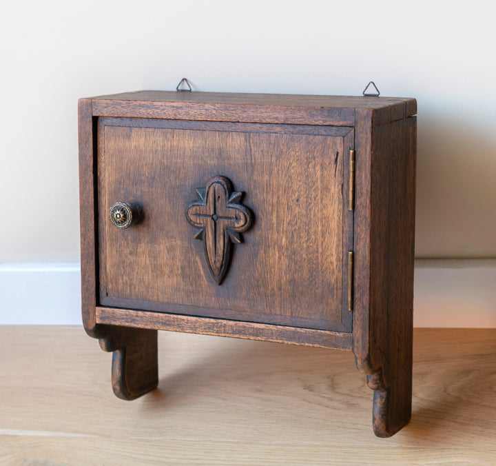 Antique Religious Hanging Cabinet, Hand Carved Wood