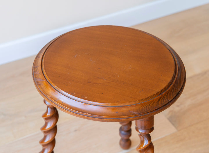 Antique Round Stool With Carved Legs, Barley Twist