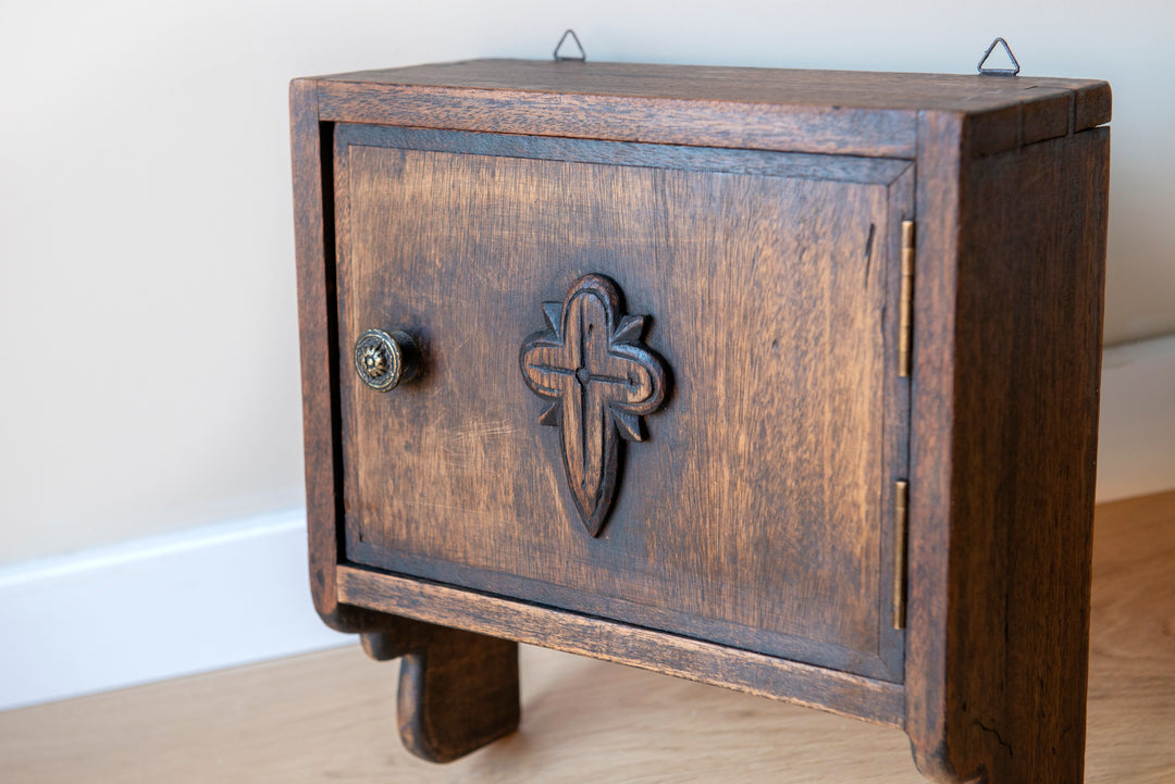 Antique Religious Hanging Cabinet, Hand Carved Wood