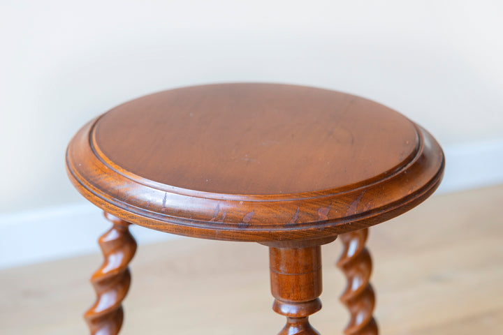 Antique Round Stool With Carved Legs, Barley Twist