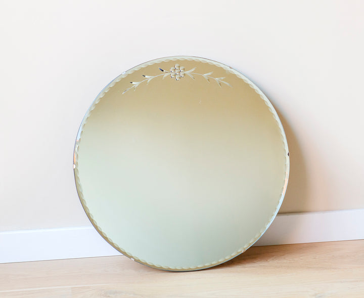 Large Round Frameless Mirror With Etched Glass, 1930s