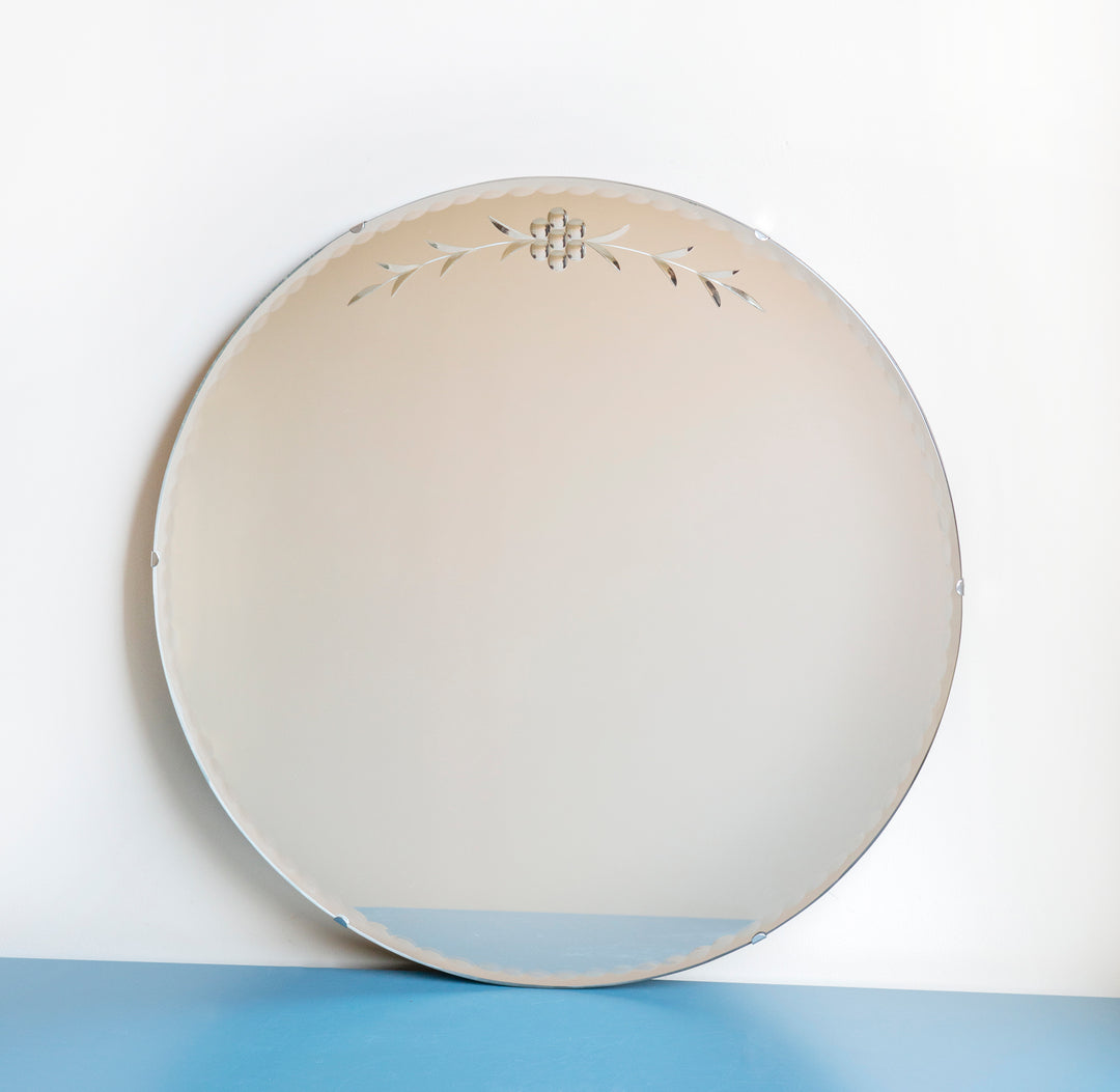 Large Round Frameless Mirror With Etched Glass, 1930s