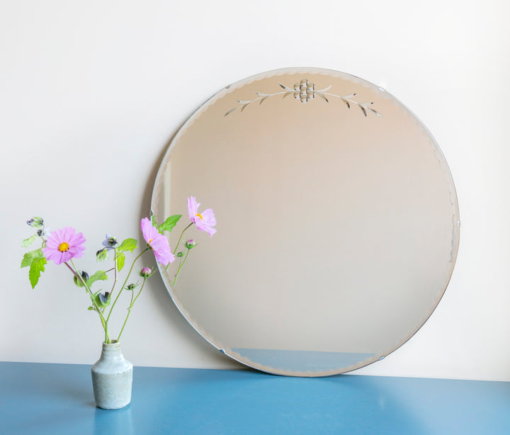 Large Round Frameless Mirror With Etched Glass, 1930s