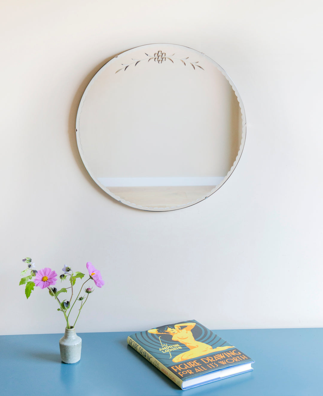 Large Round Frameless Mirror With Etched Glass, 1930s