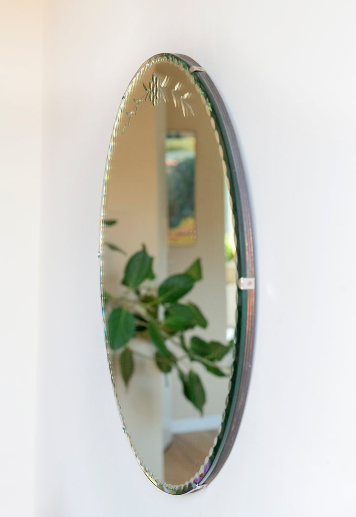 Large Round Frameless Mirror With Etched Glass, 1930s