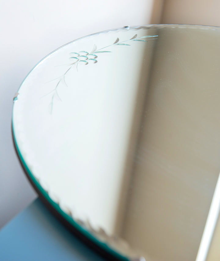 Large Round Frameless Mirror With Etched Glass, 1930s