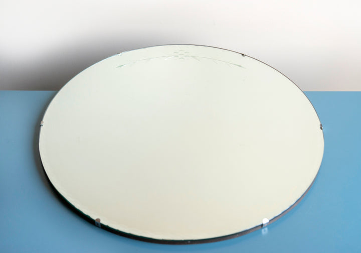 Large Round Frameless Mirror With Etched Glass, 1930s