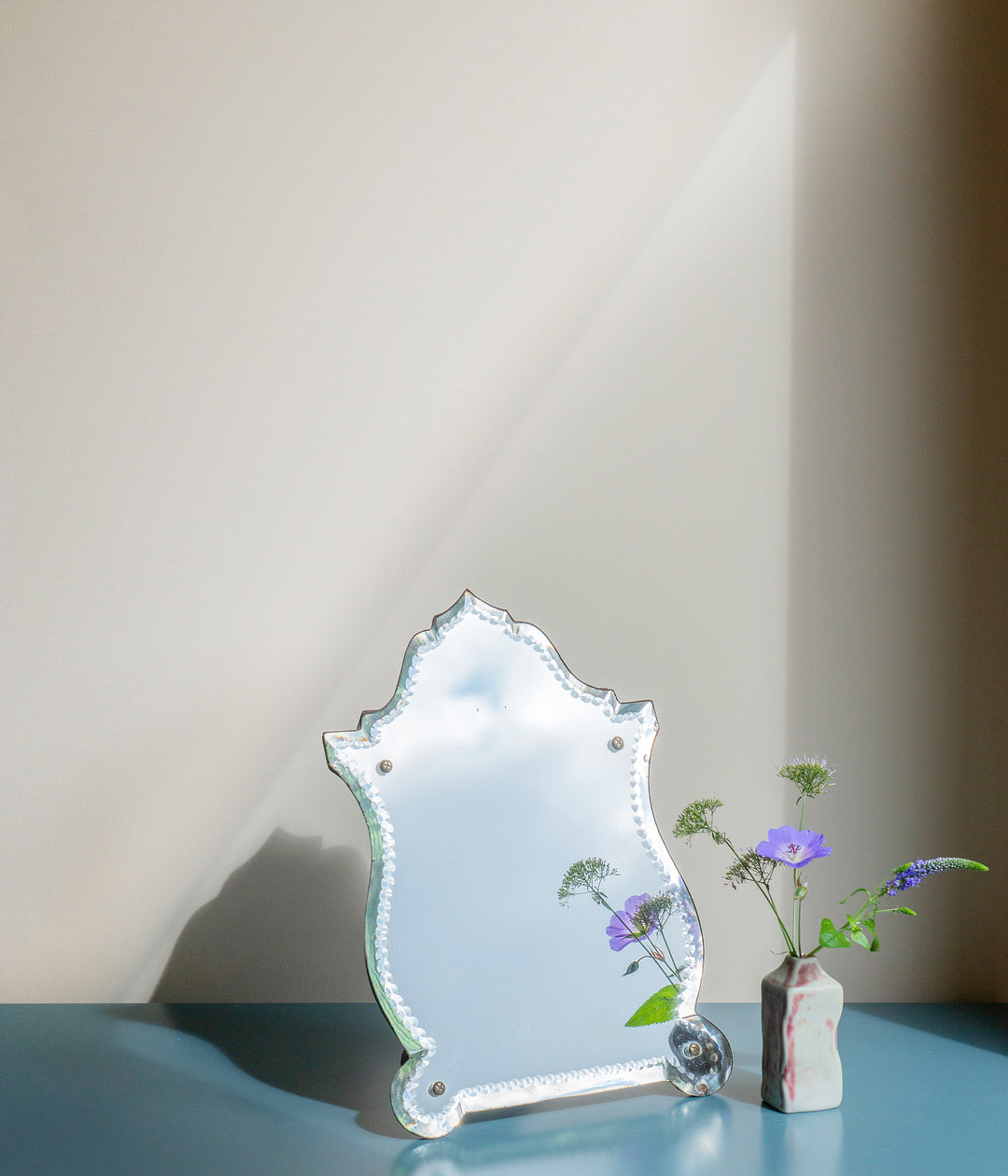 Antique Frameless Table Mirror With Etched Glass, 1920s