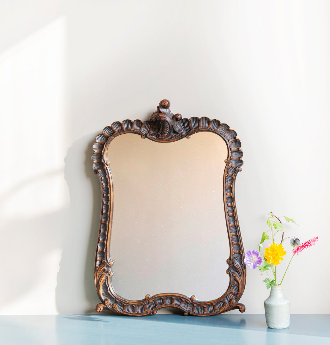 Antique Mantle Mirror, Hand Carved Wood Frame 1920s