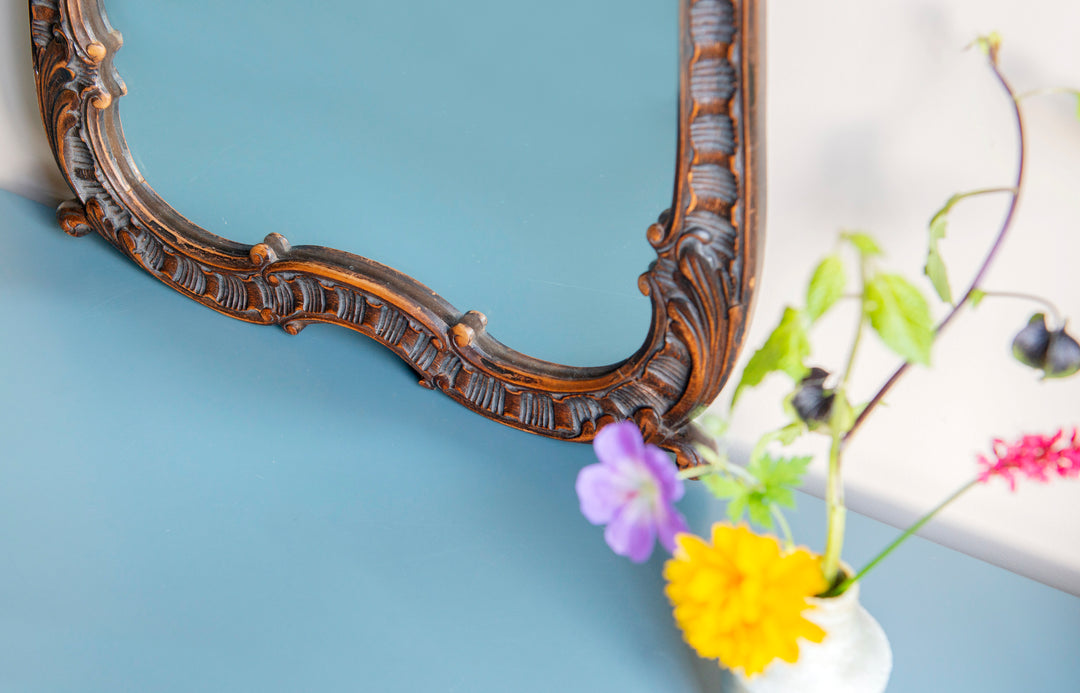 Antique Mantle Mirror, Hand Carved Wood Frame 1920s