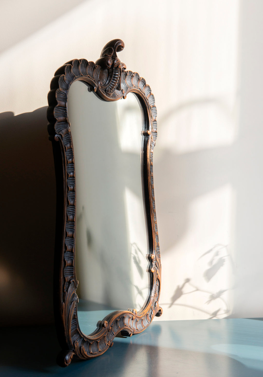 Antique Mantle Mirror, Hand Carved Wood Frame 1920s