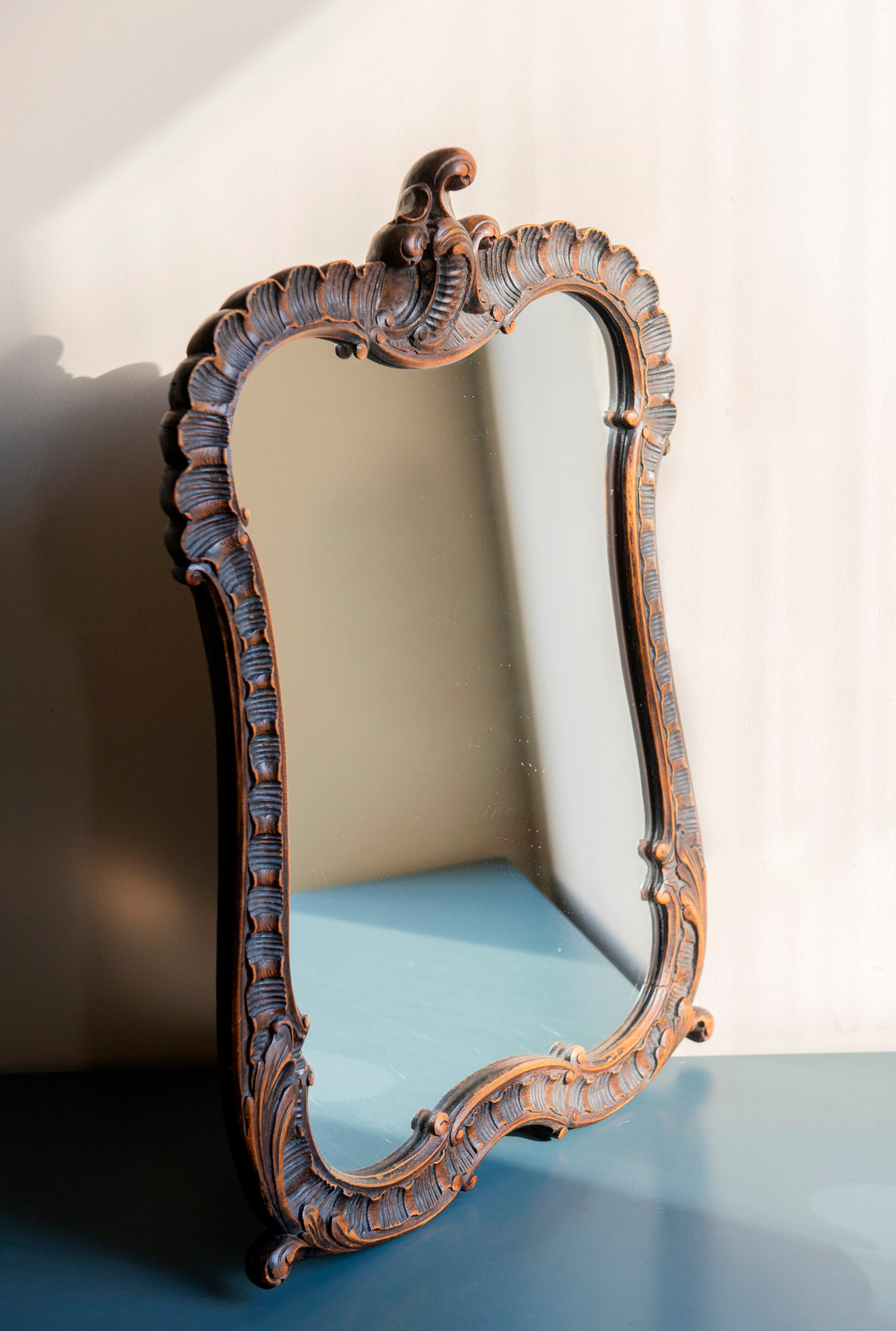 Antique Mantle Mirror, Hand Carved Wood Frame 1920s