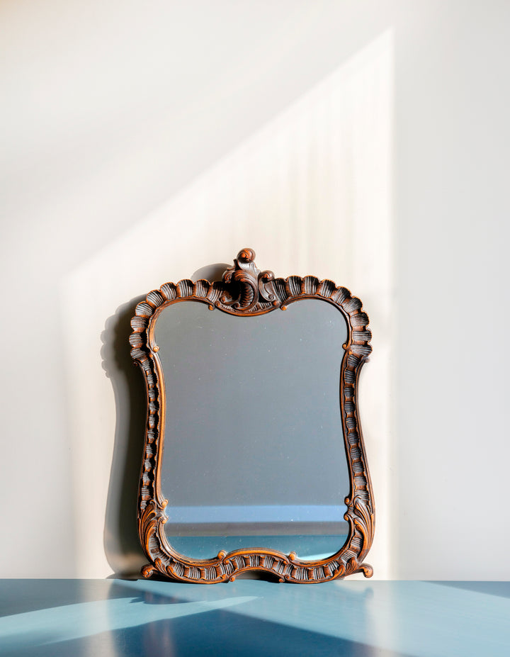 Antique Mantle Mirror, Hand Carved Wood Frame 1920s