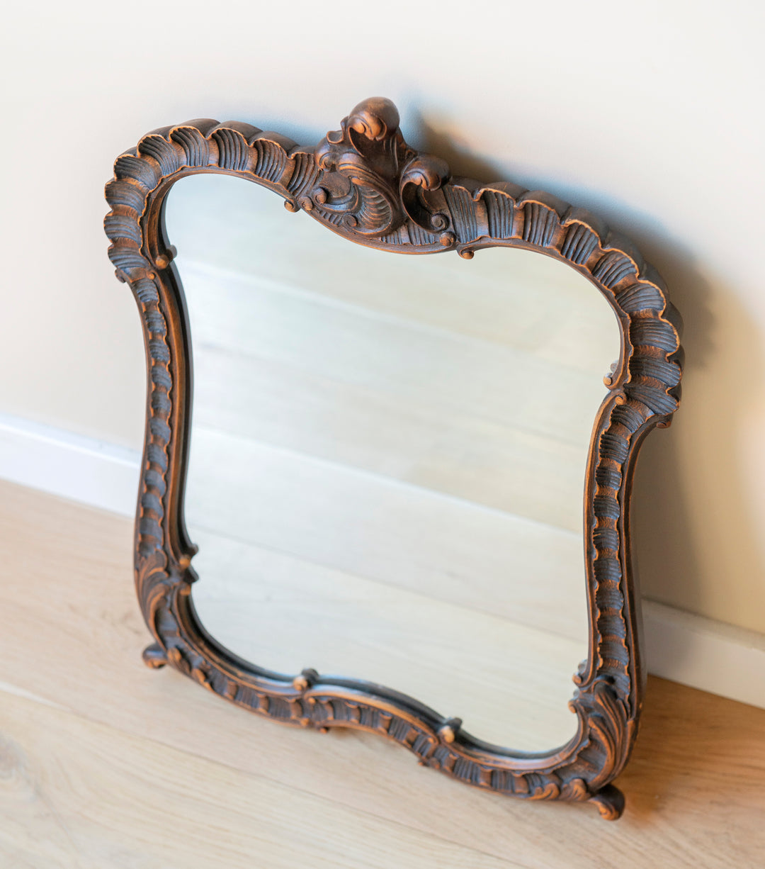 Antique Mantle Mirror, Hand Carved Wood Frame 1920s