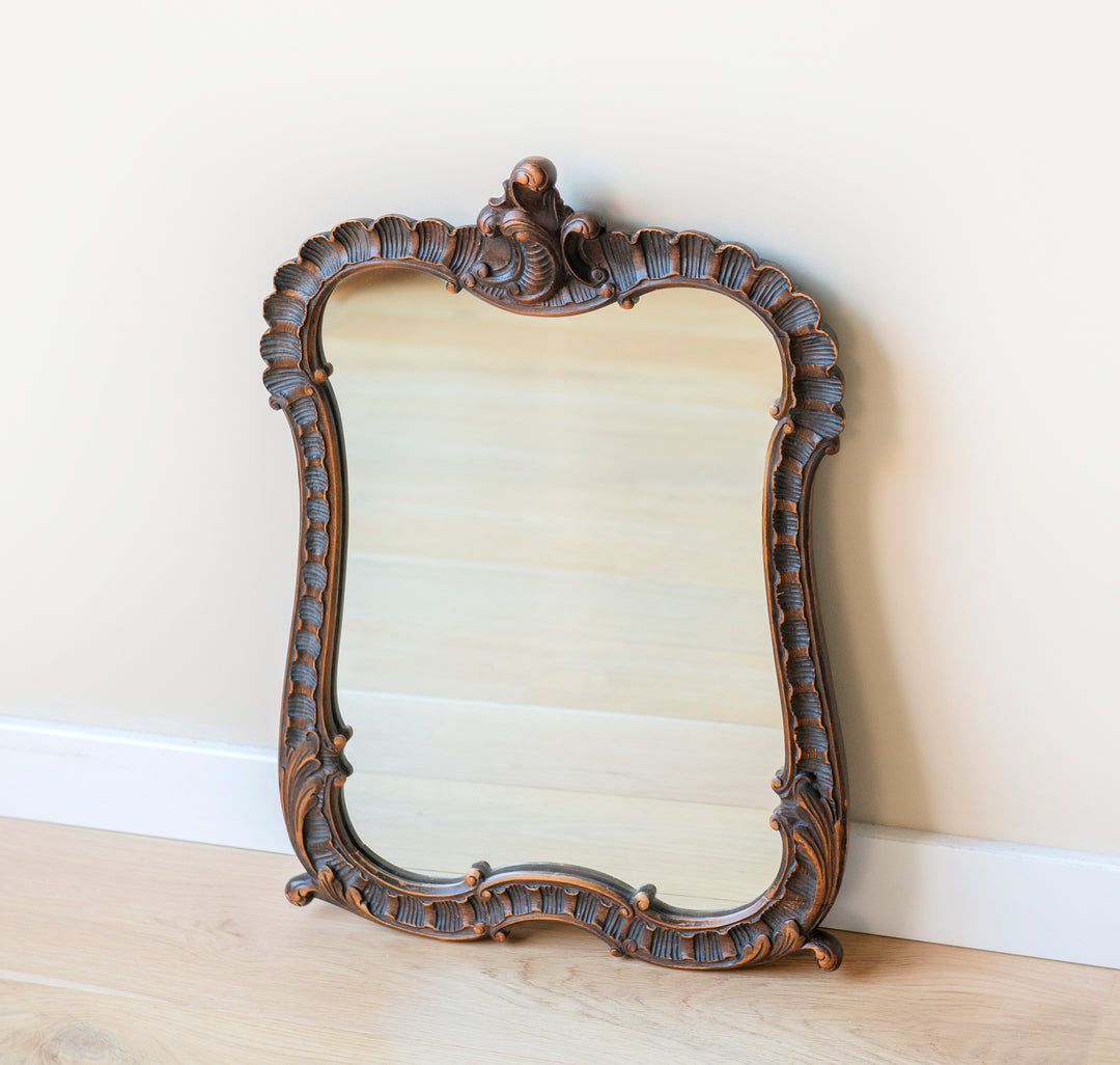 Antique Mantle Mirror, Hand Carved Wood Frame 1920s