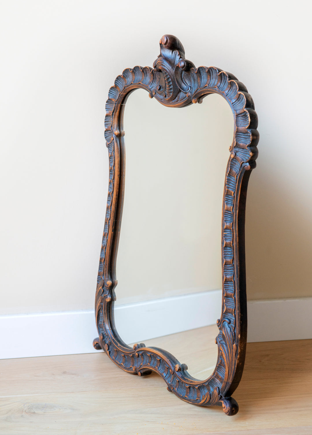 Antique Mantle Mirror, Hand Carved Wood Frame 1920s