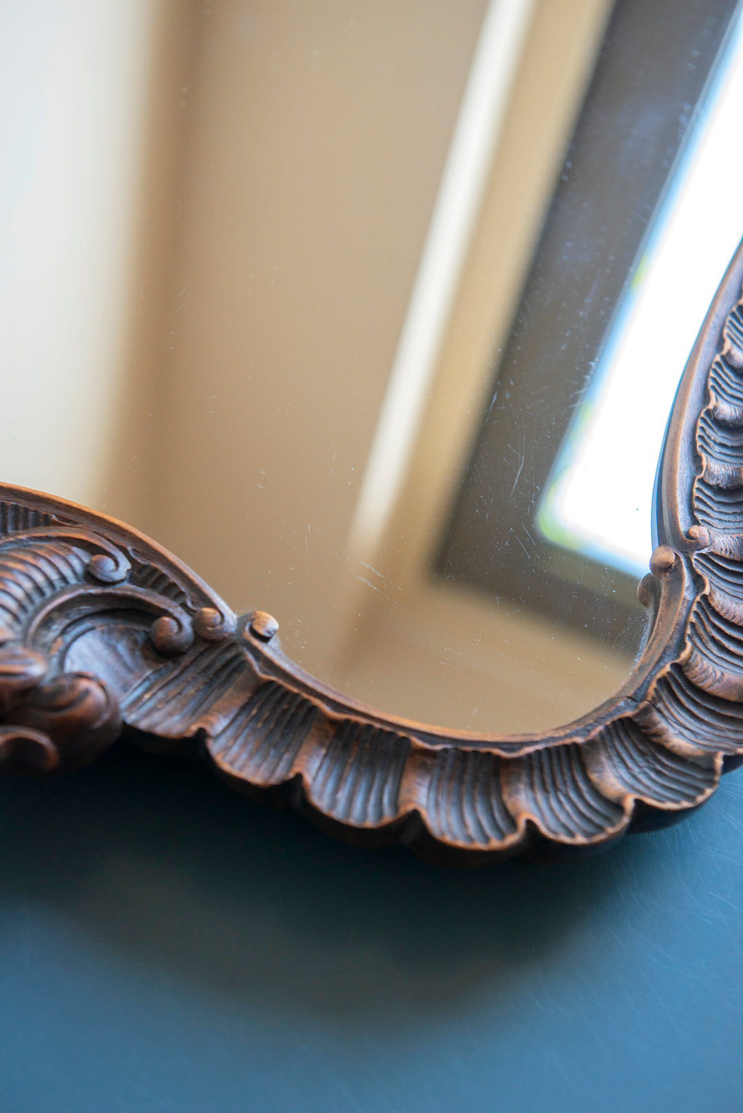 Antique Mantle Mirror, Hand Carved Wood Frame 1920s