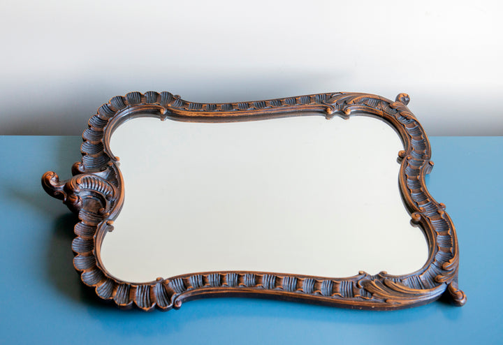 Antique Mantle Mirror, Hand Carved Wood Frame 1920s