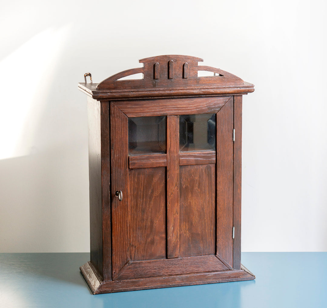 Dark Brown Hanging Cabinet With Key, Hand Carved Wood