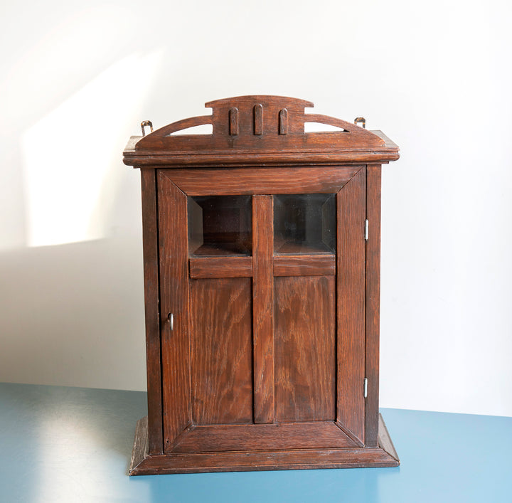 Dark Brown Hanging Cabinet With Key, Hand Carved Wood