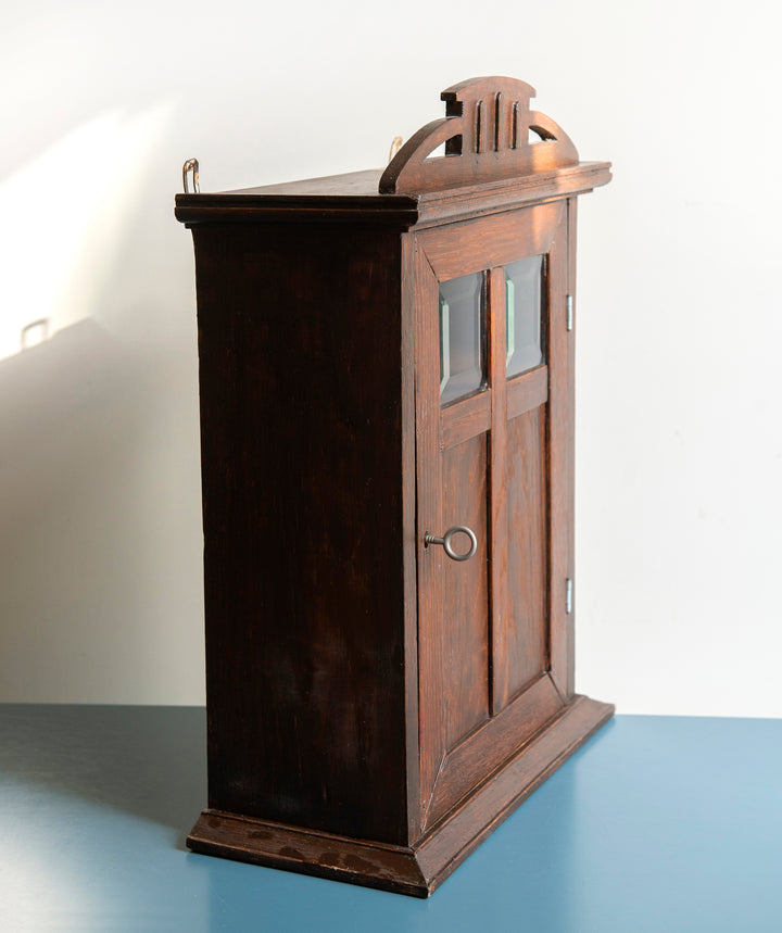 Dark Brown Hanging Cabinet With Key, Hand Carved Wood