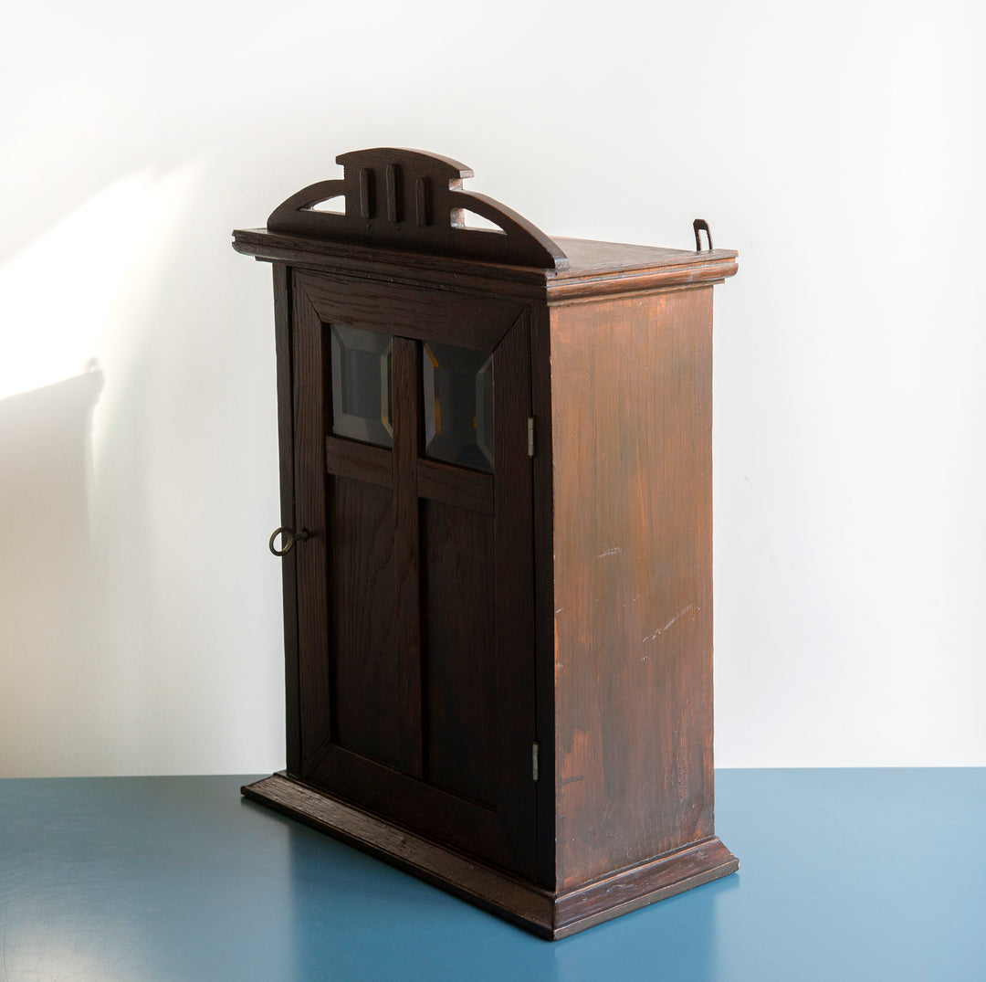 Dark Brown Hanging Cabinet With Key, Hand Carved Wood