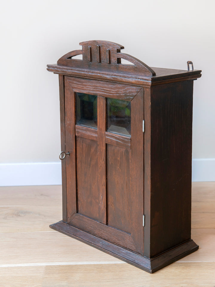 Dark Brown Hanging Cabinet With Key, Hand Carved Wood