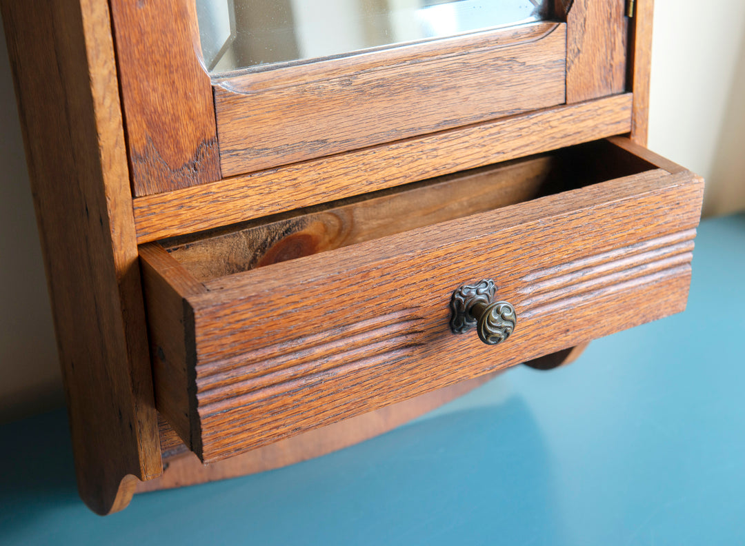 Hanging Apothecary Cabinet With Mirror And Drawer, Oak Wood