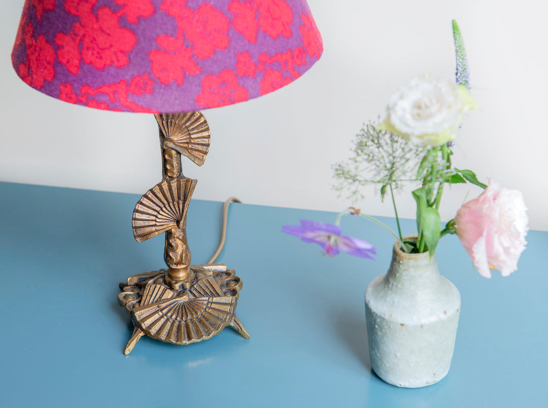 Brass Table Lamp With Floral Shade, 1950s