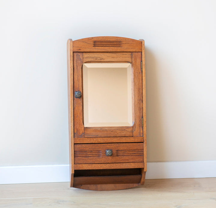 Hanging Apothecary Cabinet With Mirror And Drawer, Oak Wood