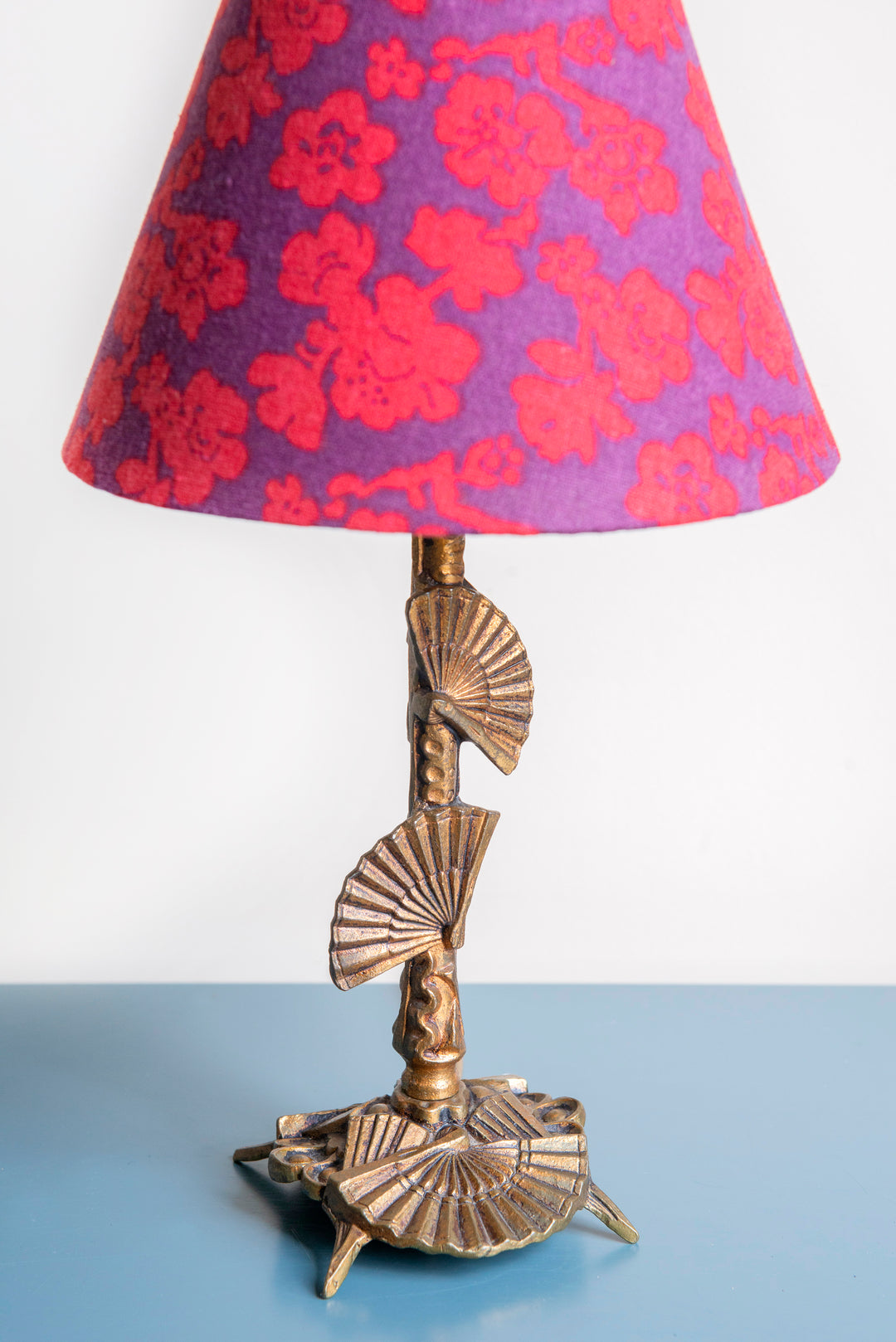 Brass Table Lamp With Floral Shade, 1950s