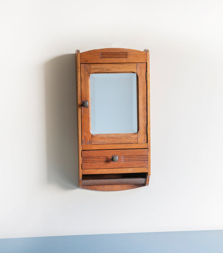 Hanging Apothecary Cabinet With Mirror And Drawer, Oak Wood