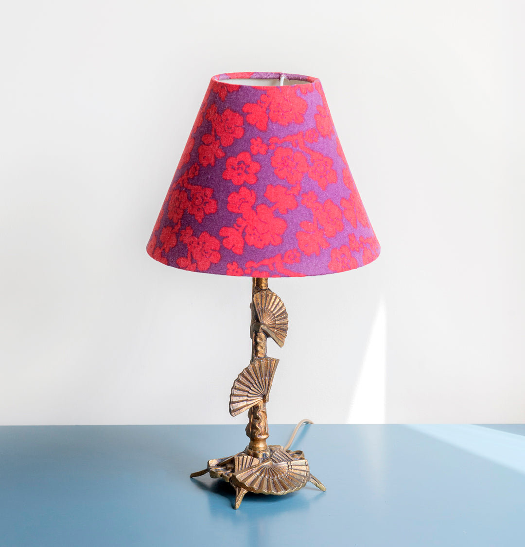 Brass Table Lamp With Floral Shade, 1950s