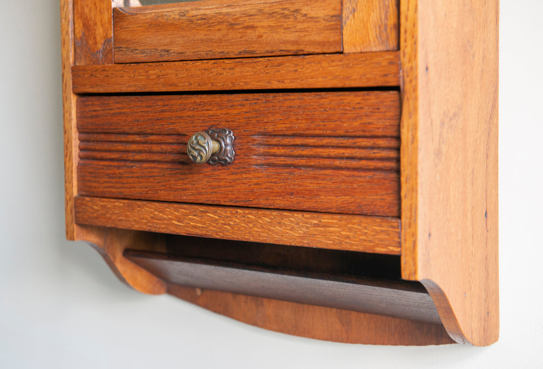 Hanging Apothecary Cabinet With Mirror And Drawer, Oak Wood